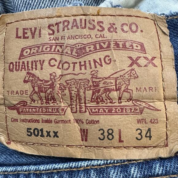 VTG Levi’s 501xx Button Fly Jean W38 L34 Distressed Denim Straight Leg Y2K 2000s - Picture 3 of 14